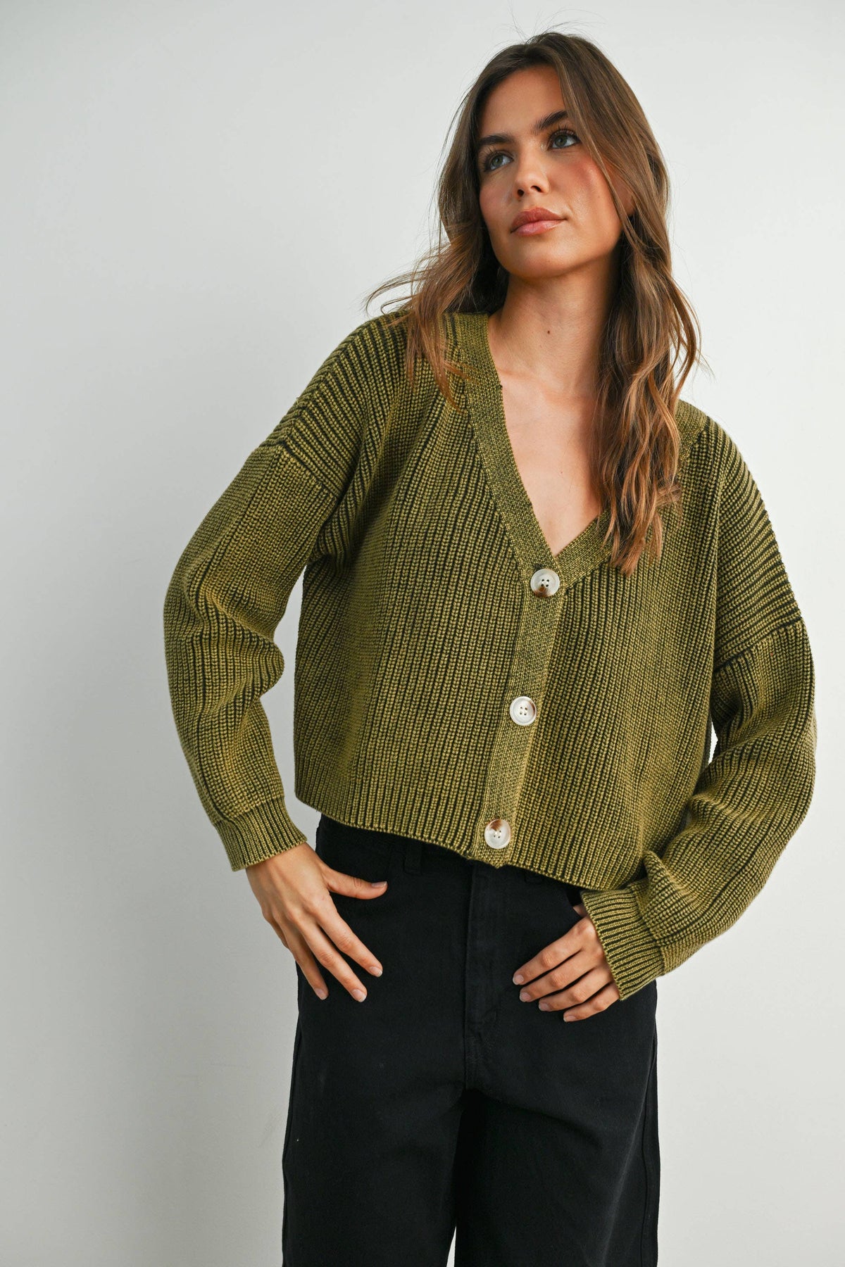 BUTTERMELON - V-Neck Buttoned Ribbed Long Sleeve Cardigan Sweater - BMC7773