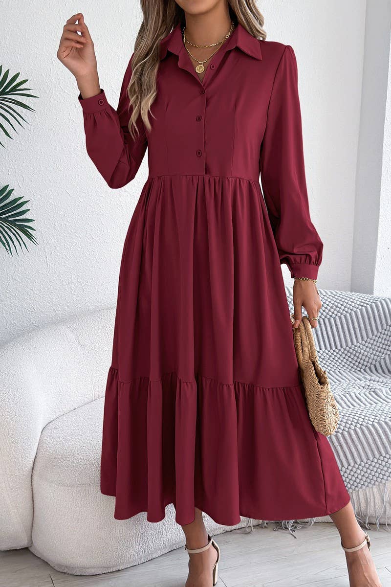 NINEXIS - CWDMD6027_LOOSE FIT RUFFLE TRIM LONG SLEEVE SHIRT DRESS