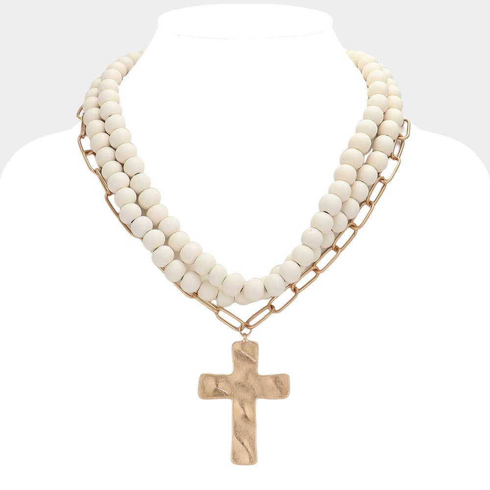 Sensibling Corp. - Hammered Metal Cross Pendant Wood Chain Layered Necklace