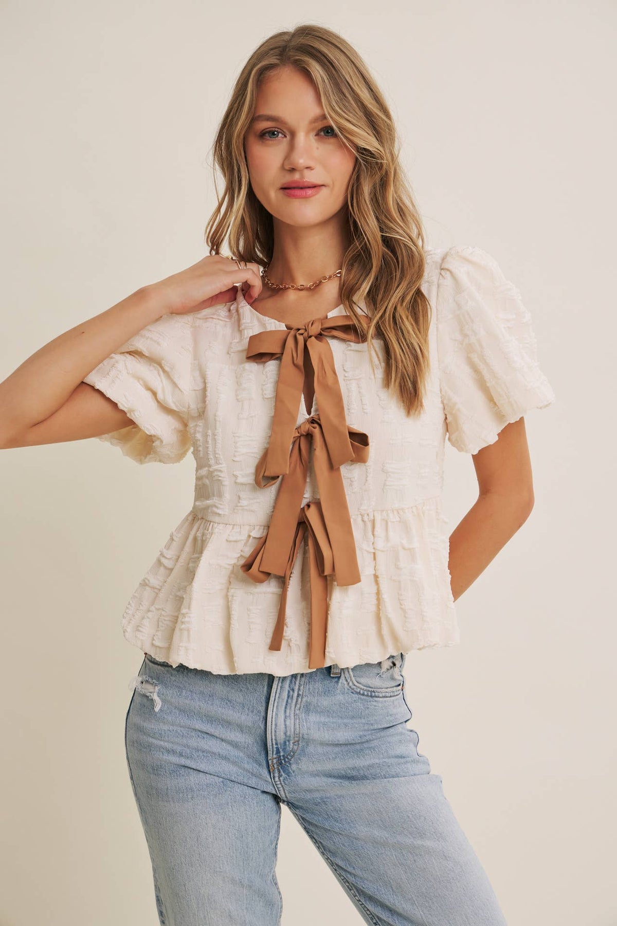 in february - BESTSELLER ROMANTIC TEXTURED CONTRAST BOW PEPLUM BLOUSE