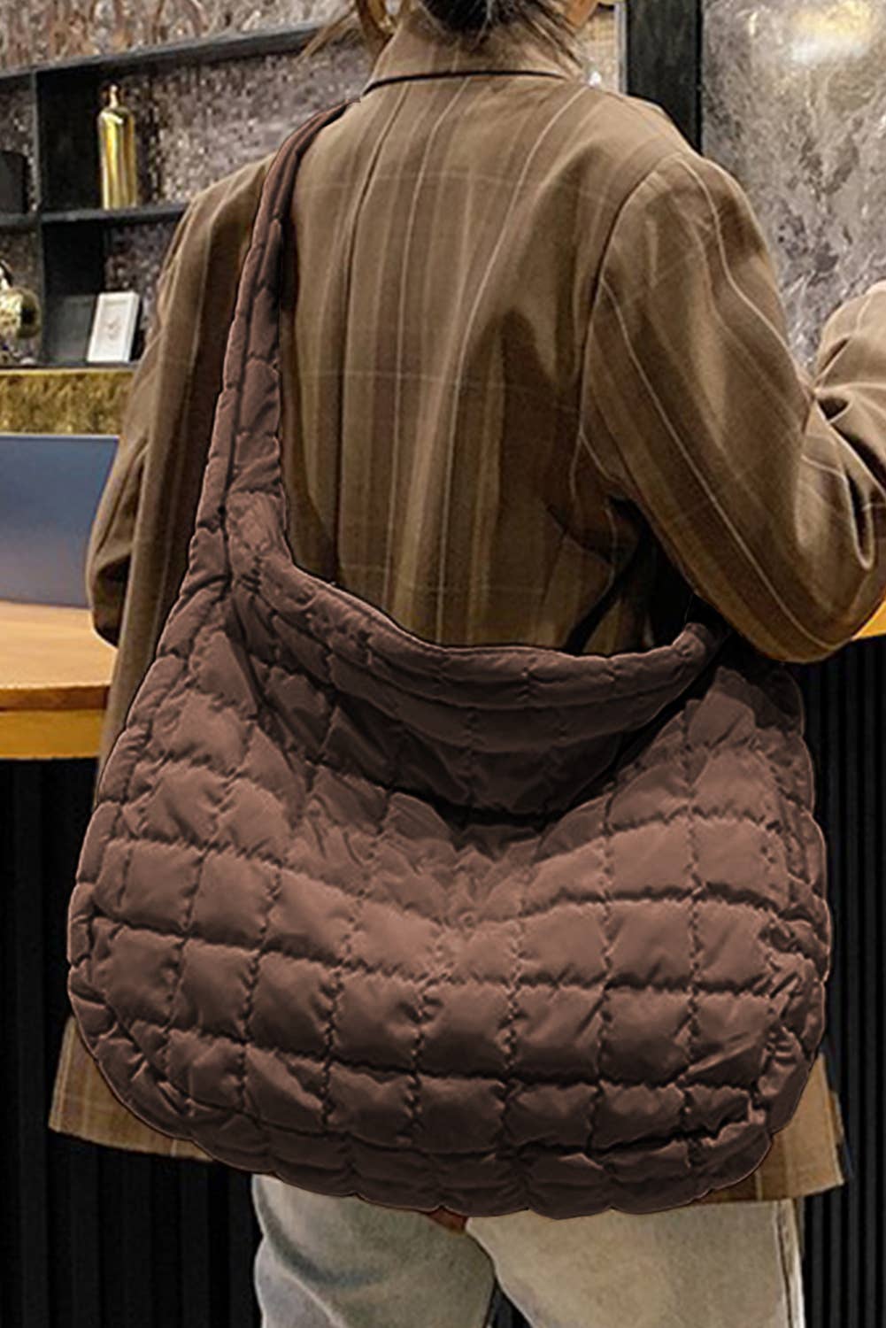 Lovesoft - Quilted Zipper Large Shoulder Bag