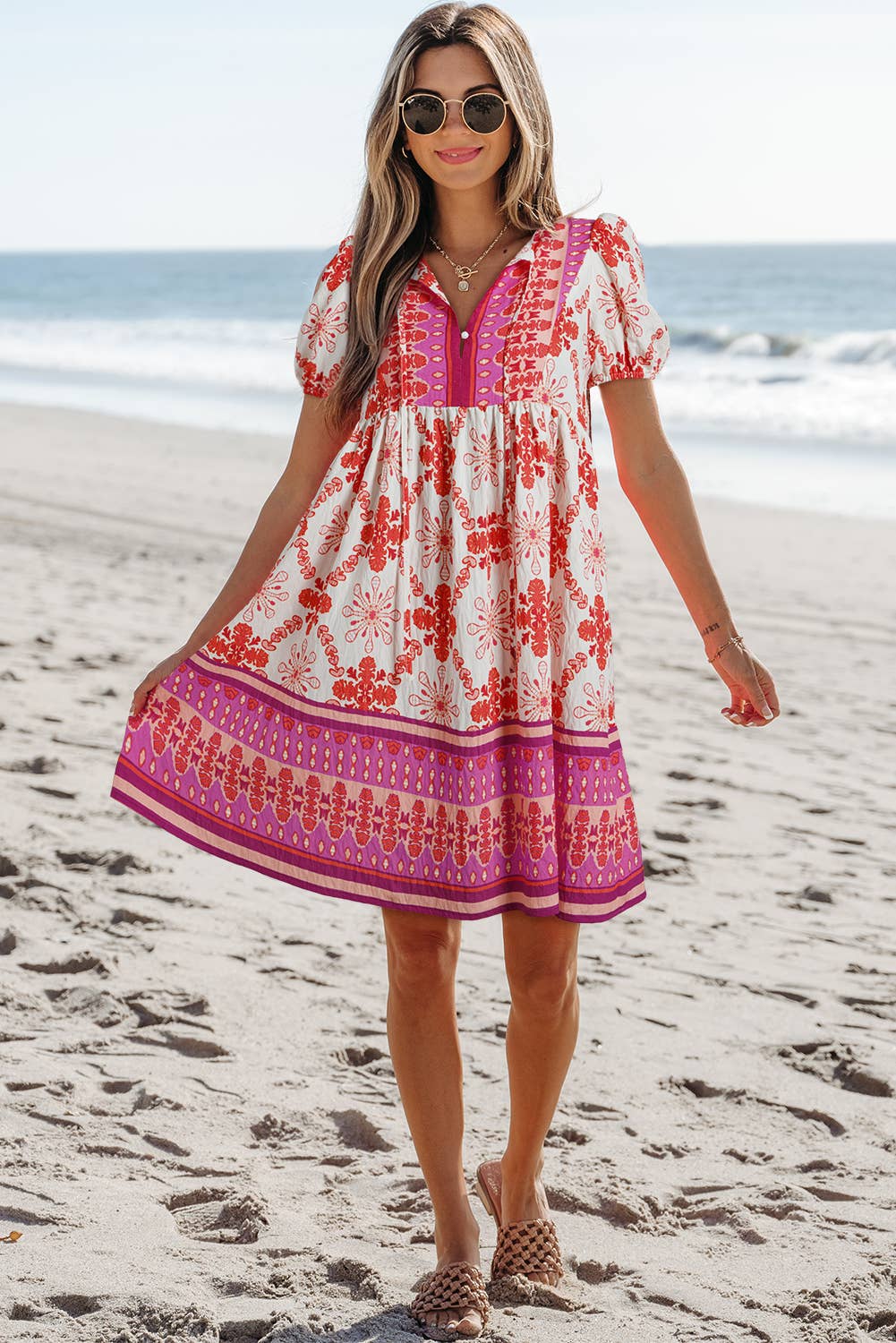 Aapparella - Cute Boho Floral Short Sleeve Mini Dress | S-XL