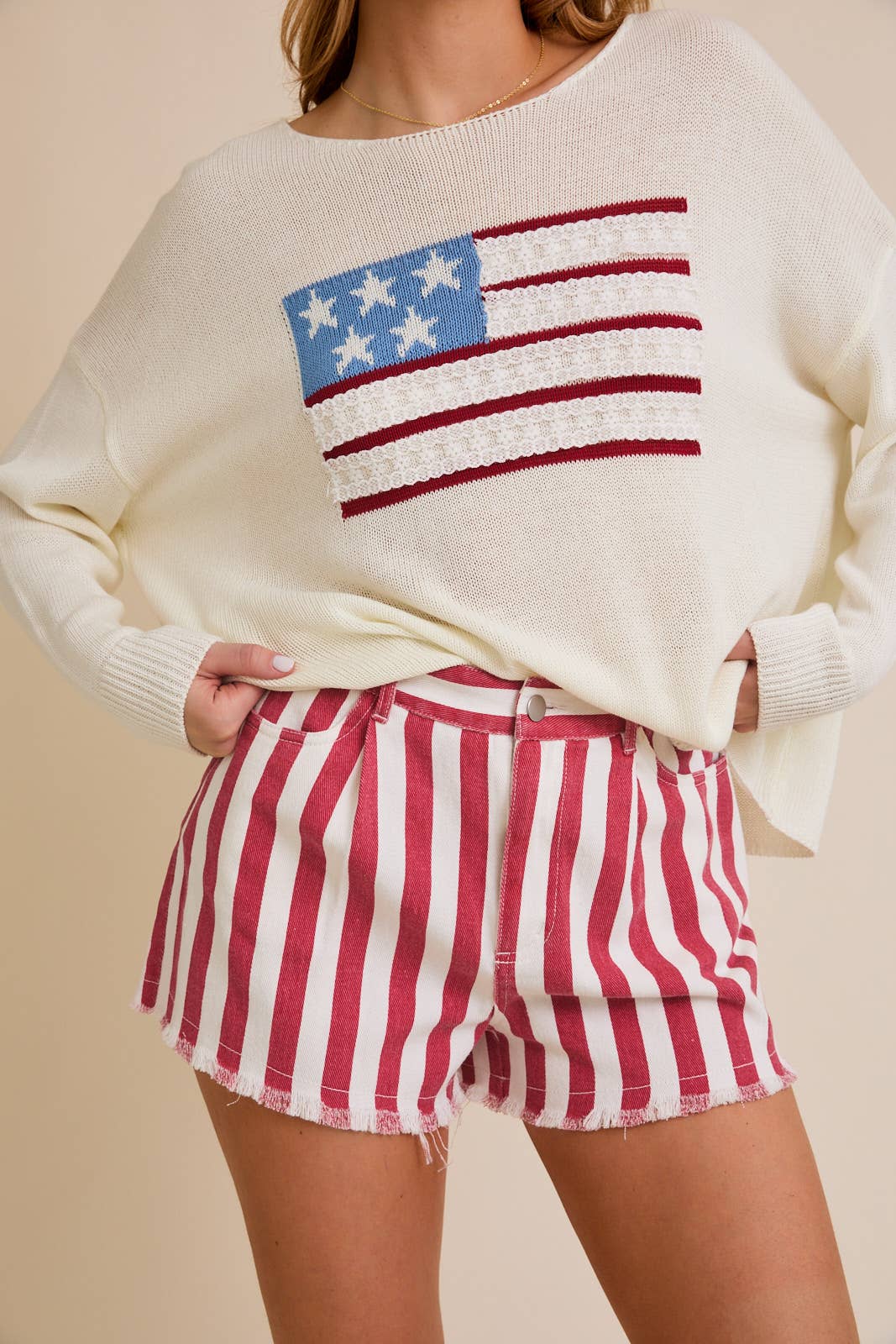 GILLI - STRIPE FRAYED HEM TWILL SHORTS