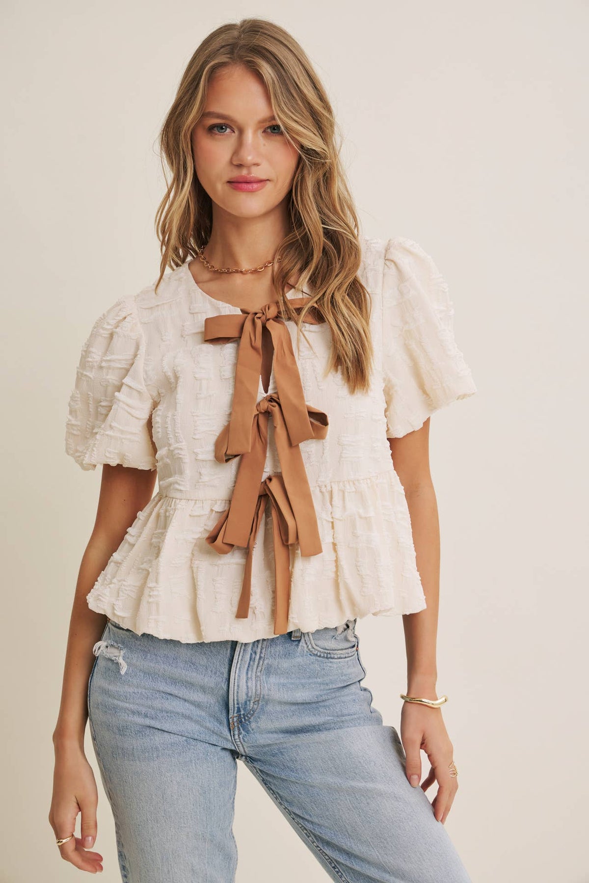 in february - BESTSELLER ROMANTIC TEXTURED CONTRAST BOW PEPLUM BLOUSE