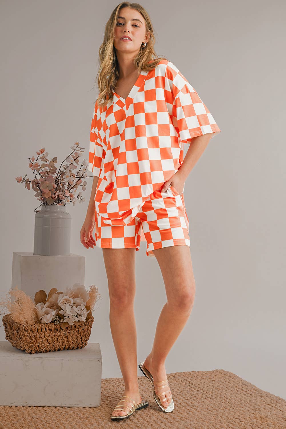 Aapparella - Checkered Print V Neck Top & Shorts Lounge Set | S-XL