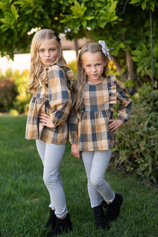 Wren & James - Girls Mustard & Gray Plaid Ruffle Button Fall Winter Set