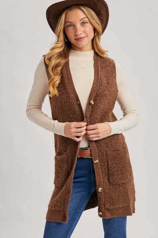Bluivy - BUTTON DOWN V-NECK TEDDY KNIT LONG LINED VEST