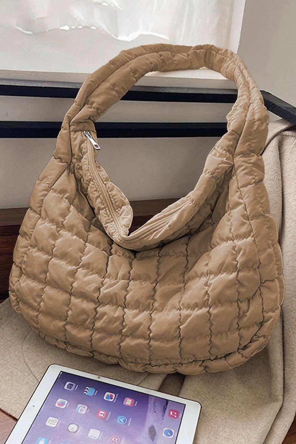 Lovesoft - Quilted Zipper Large Shoulder Bag