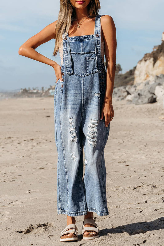 Little Daisy Closet - LDC Distressed Bib Pocket Wide Leg Denim Overall
