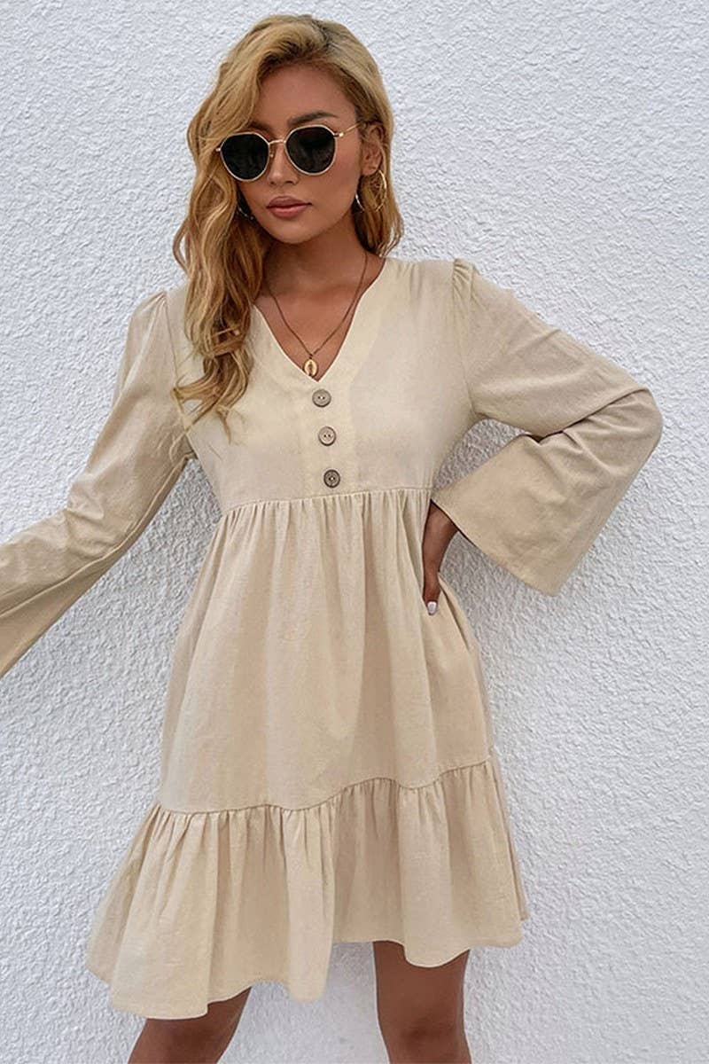 NINEXIS - CWDSD2000_V-Neck Button Long Sleeve Pullover Dress