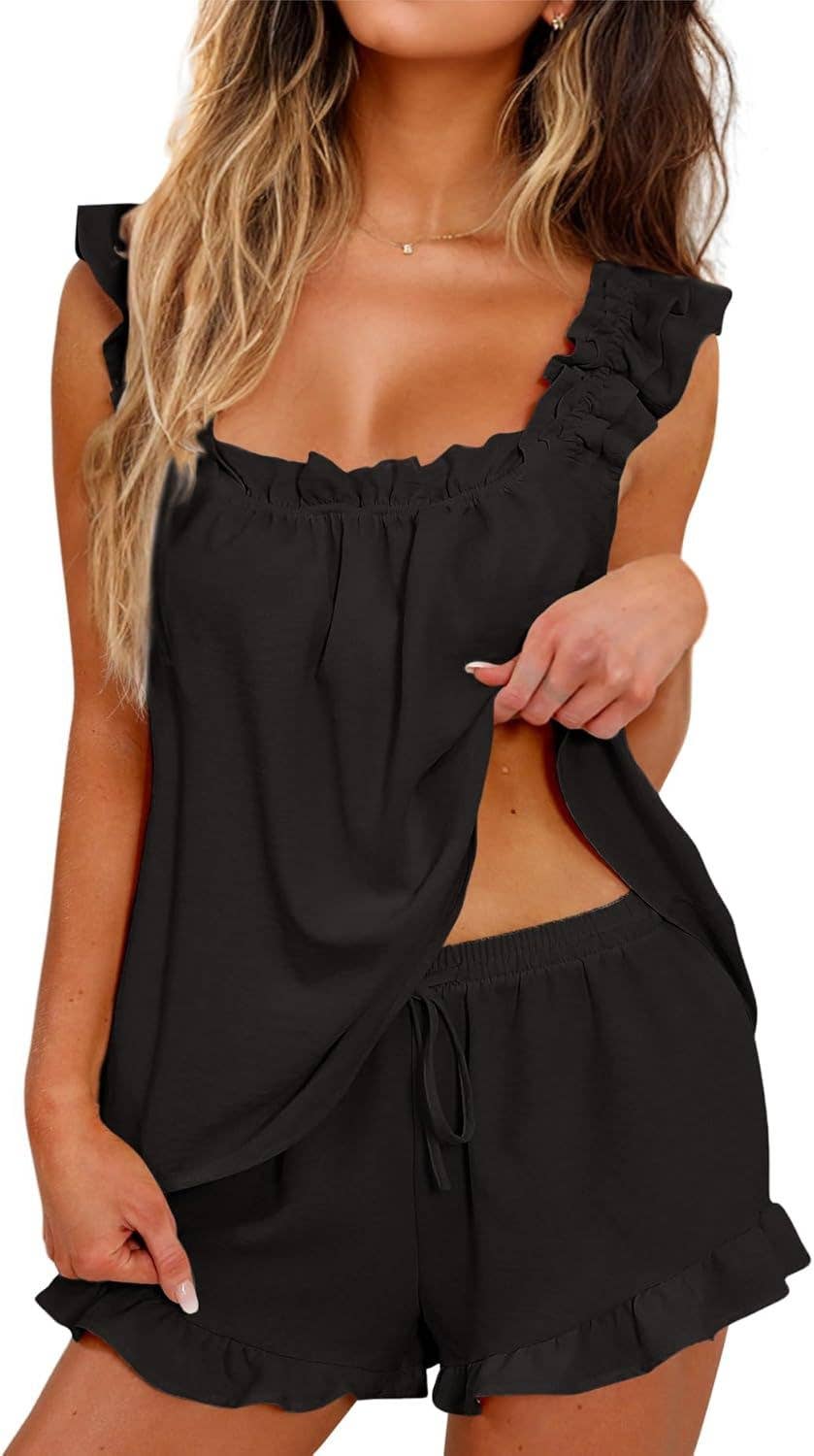 Lovesoft - Ruffle Trim Tank Top and Shorts Lounge Set 2pcs