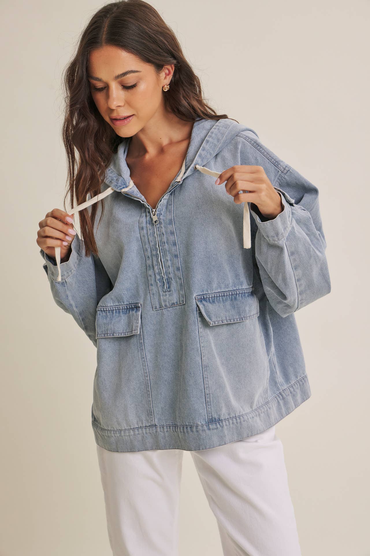 in february - CRAVING COMFORT MINERAL-WASHED DENIM HOODED PULLOVER