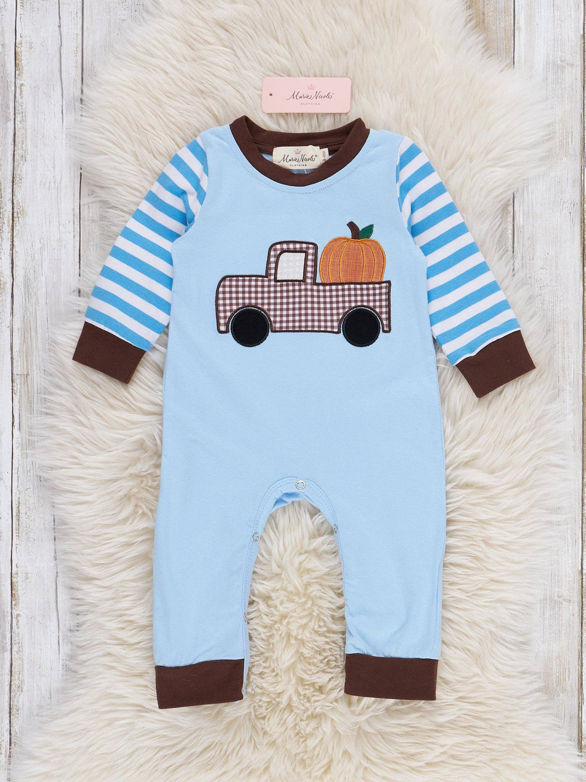 Marie Nicole Clothing - Pumpkin Pick Up Embroidered Striped Romper