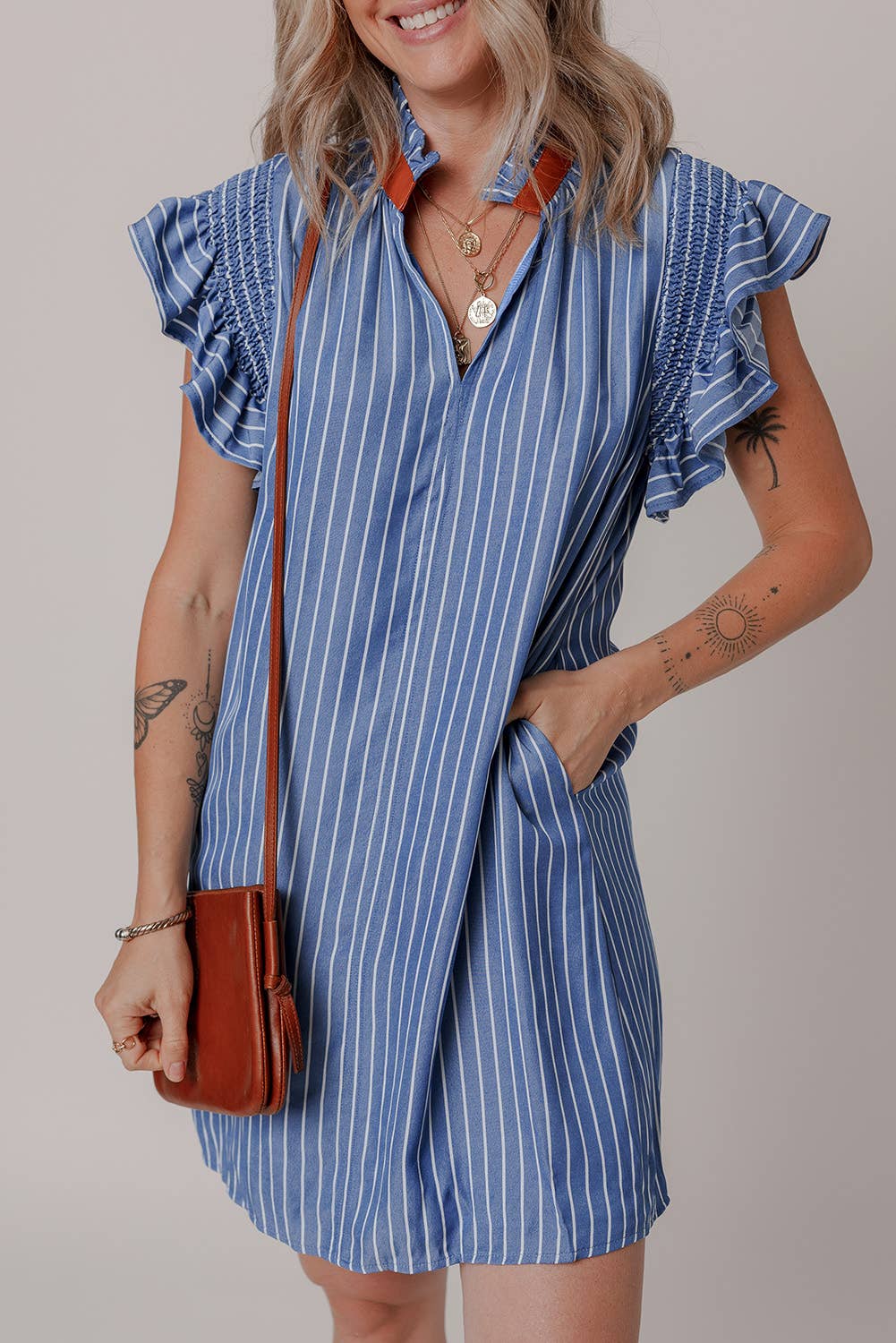 Aapparella - Striped V Neck Shirred Ruffle Sleeve Mini Dress | S-XL