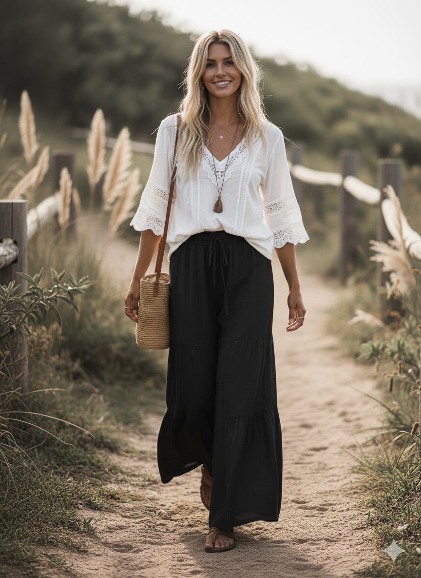 Sewn and Seen - Linen Blend Tiered Wide Leg Palazzo Pants