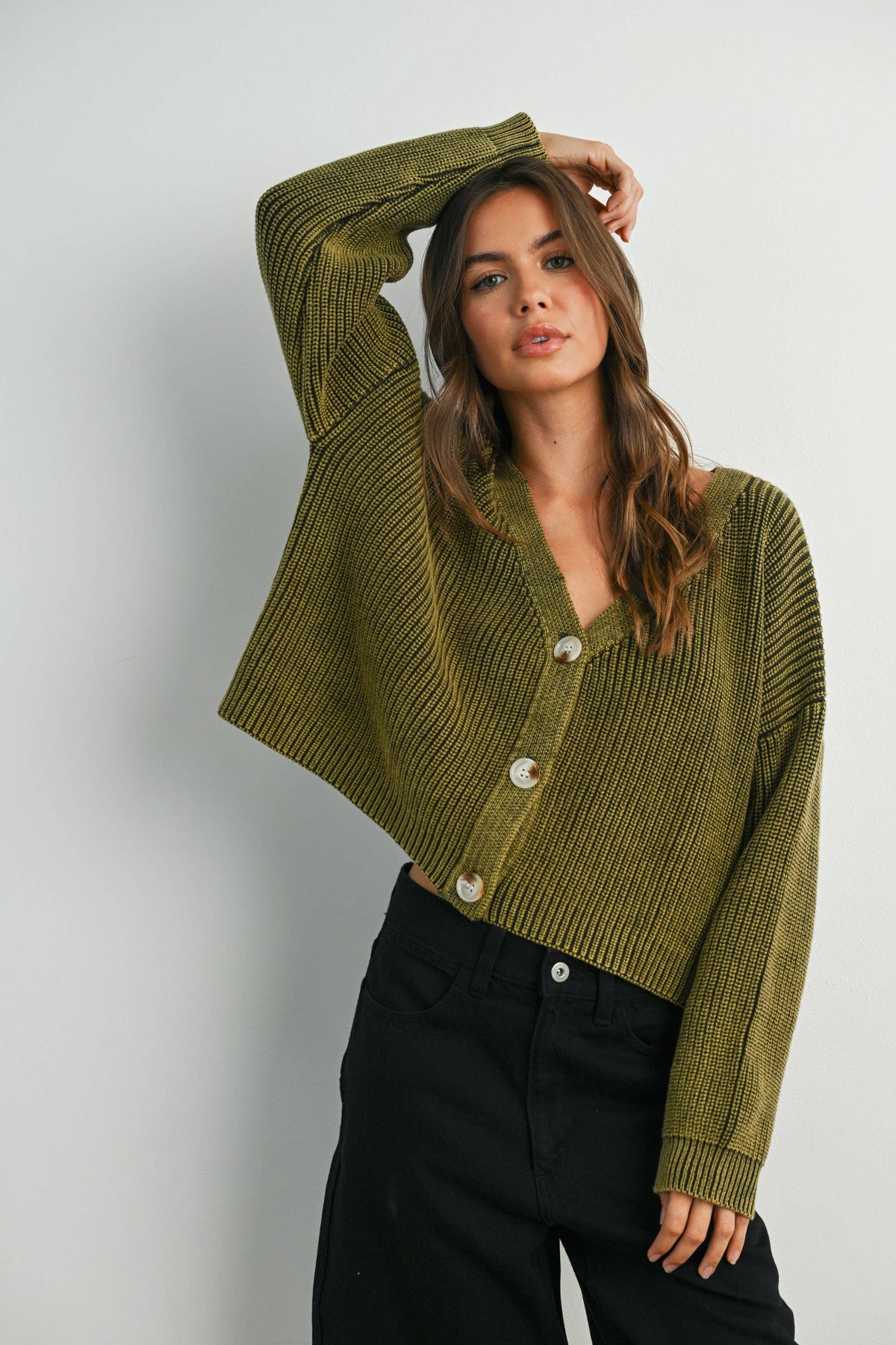 BUTTERMELON - V-Neck Buttoned Ribbed Long Sleeve Cardigan Sweater - BMC7773