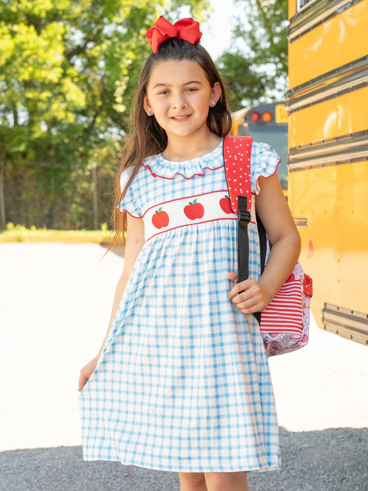 Marie Nicole Clothing - Blue Plaid Smocked Apple Ruffle Dress