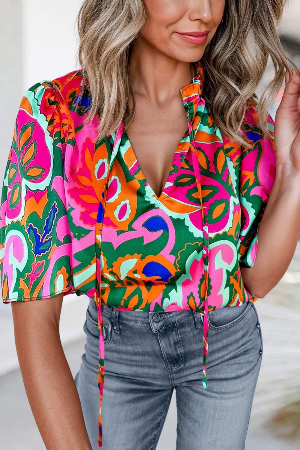 Aapparella - Tropical Print Tie Neck  Puff  Sleeve Blouse | S-XL