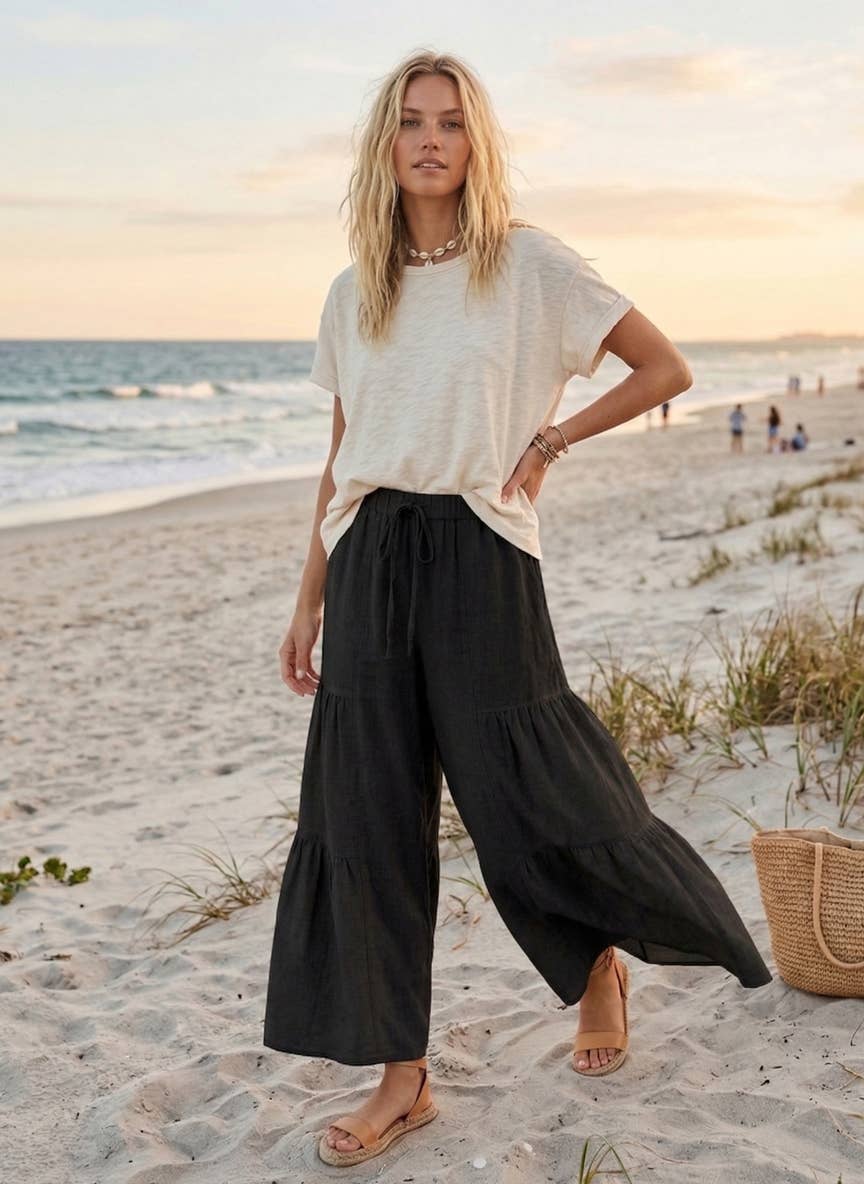 Sewn and Seen - Linen Blend Tiered Wide Leg Palazzo Pants