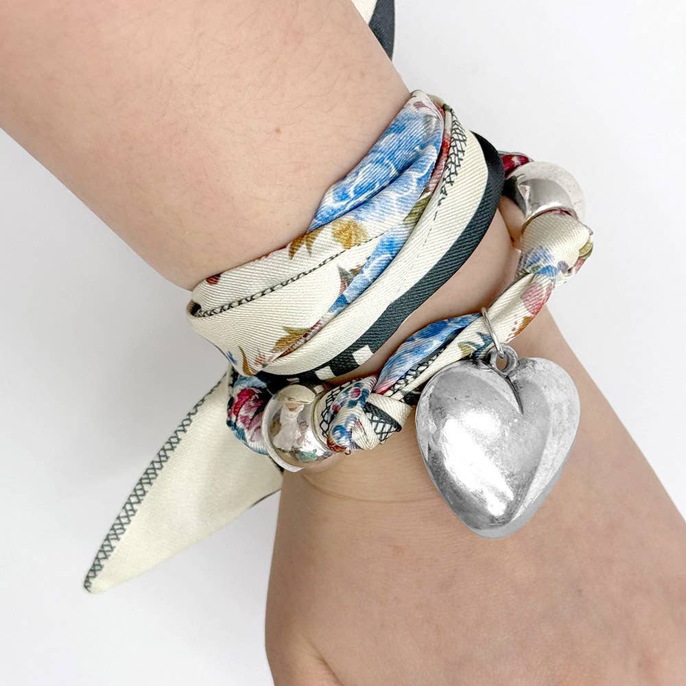 Sensibling Corp. - Gold Dipped Puffy Heart Charm Fabric Scarf Necklace / Adjustable Bracelet / Bag Charm