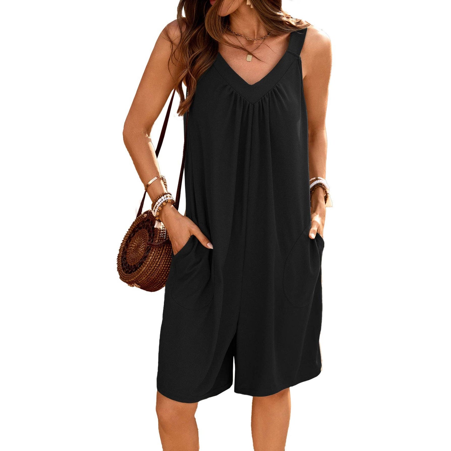 Lovesoft - Loose Fit V-Neck Sleeveless Romper with Pockets