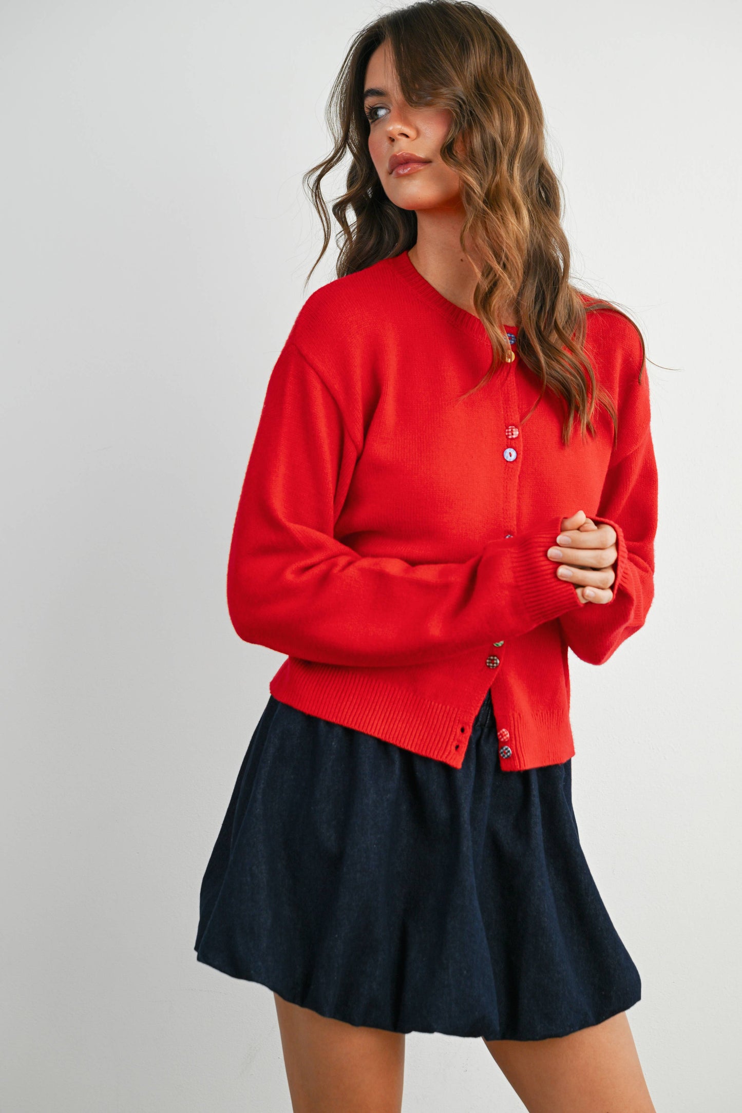 BUTTERMELON - Long Sleeve Buttoned Cropped Cardigan Sweater - BMC7906