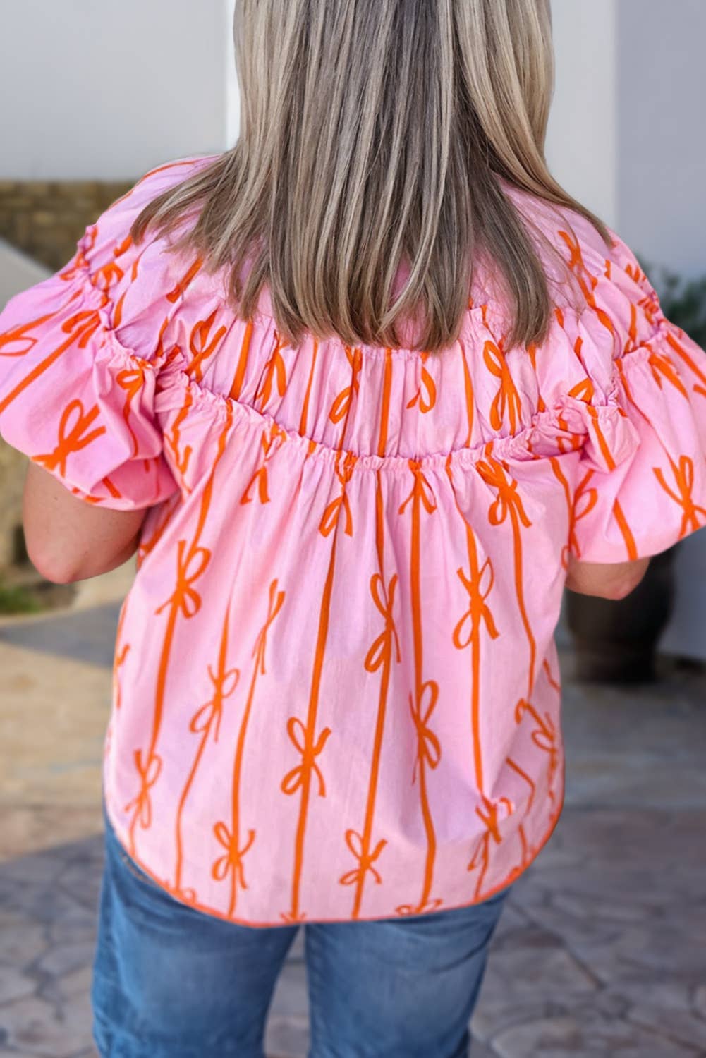 Aapparella - Bowknot Print Shirred V Neck Summer Blouse | Plus Size 1X-4X