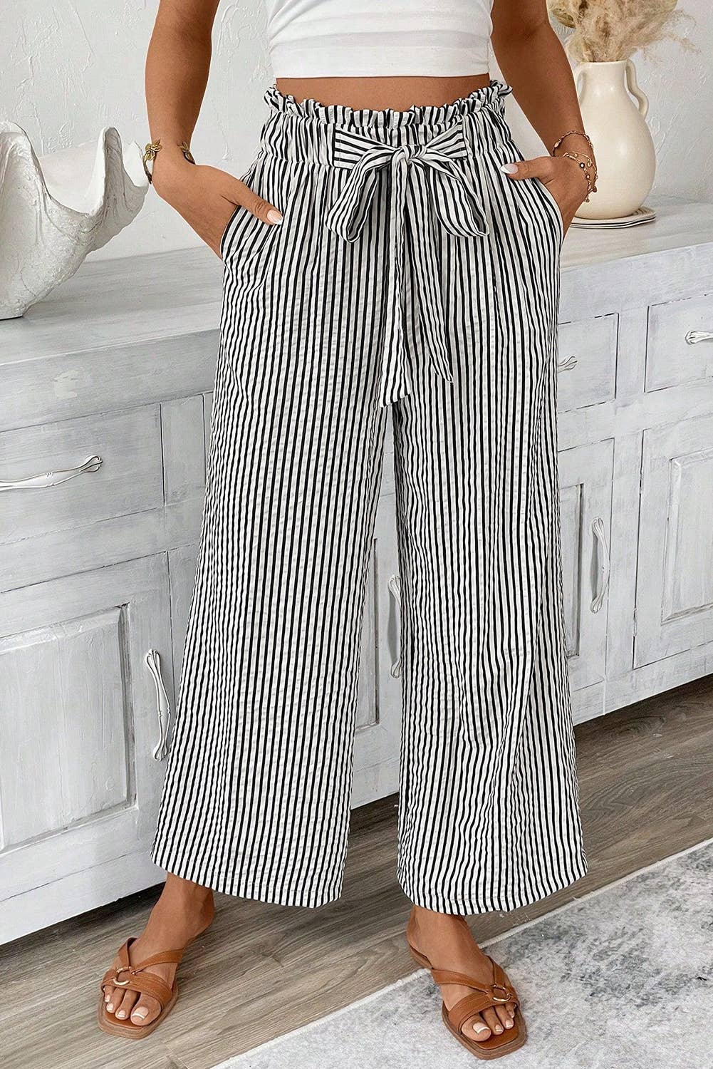 1 the Woman - Elastic Waist Pants Striped Wide Leg Trousers w/ Side Pocket