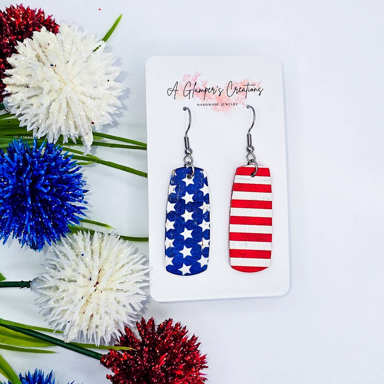 A Glamper's Creations LLC - 4th of July Stars & Stripes Mini Bar Leather Earrings