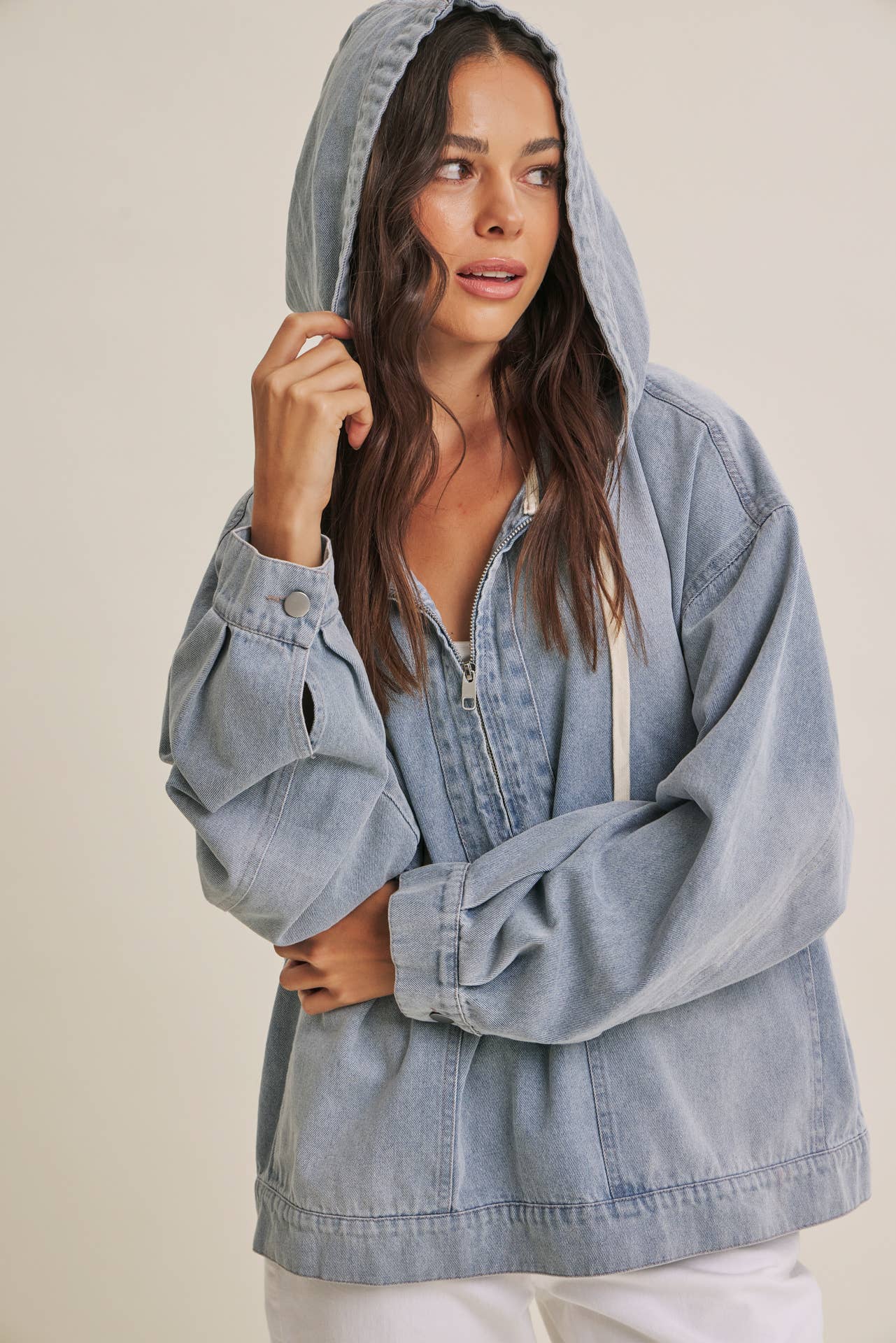 in february - CRAVING COMFORT MINERAL-WASHED DENIM HOODED PULLOVER