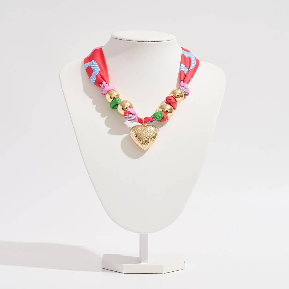 Sensibling Corp. - Gold Dipped Puffy Textured Heart Charm Accent Fabric Scarf Necklace / Adjustable Bracelet / Bag Charm