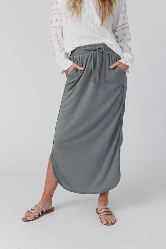 Three Bird Nest - So Comfy Drawstring Maxi Skirt - Light Olive