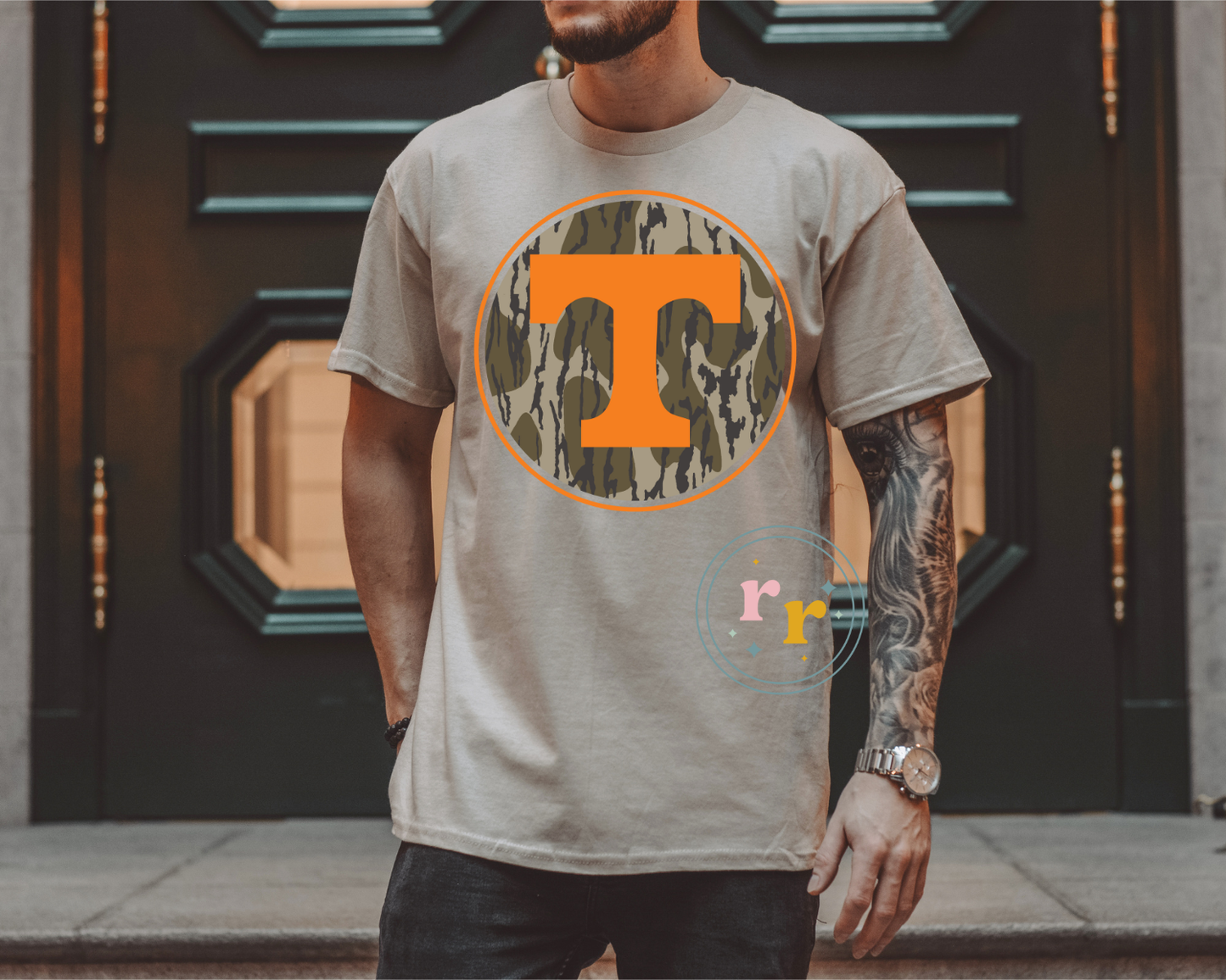 Rebellious Rose LLC - Bottomland Camo Tennessee Orange Graphic T-shirt