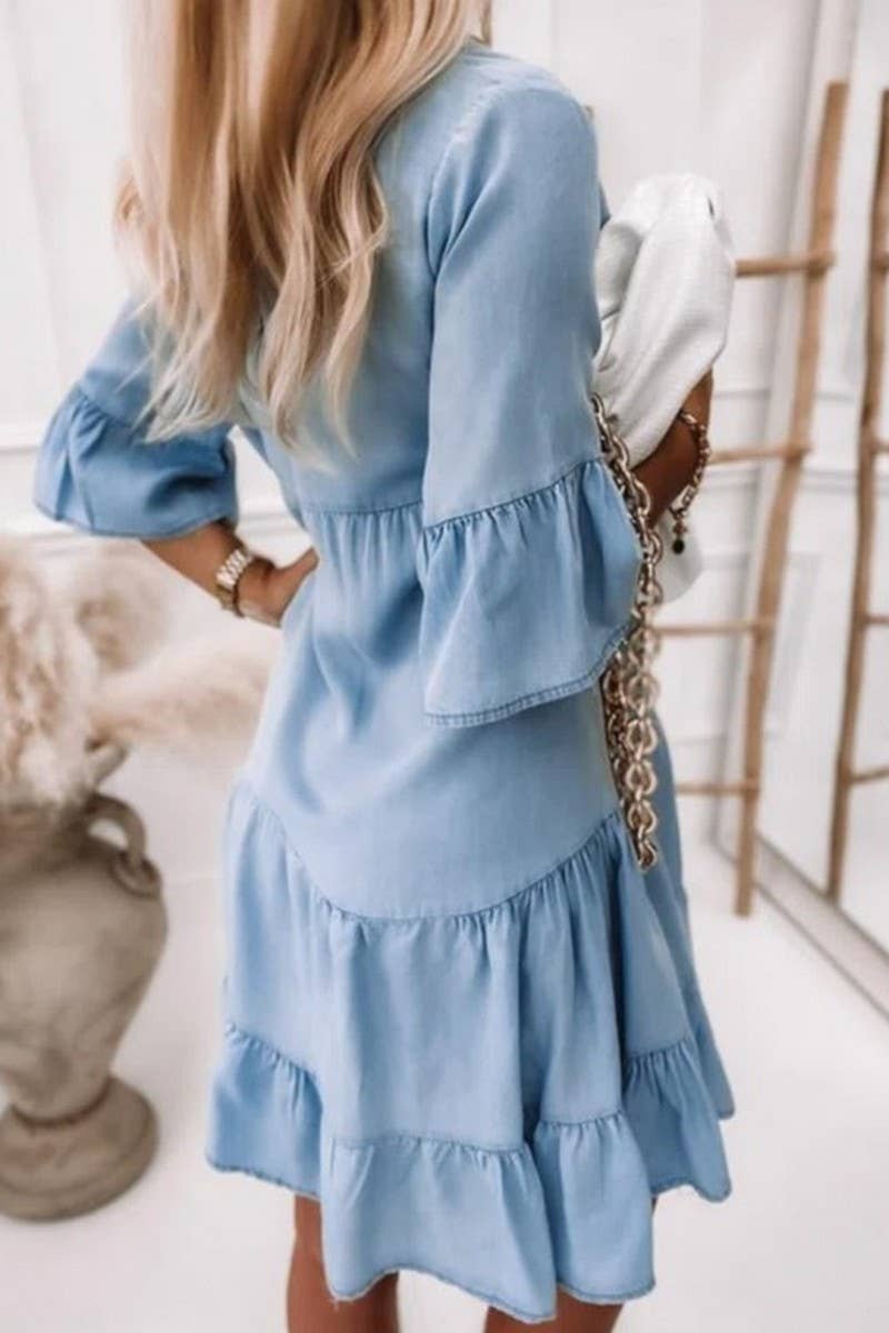 NINEXIS - CWDSD6508_V-NECK HALF SLEEVE WASHED DENIM DRESS