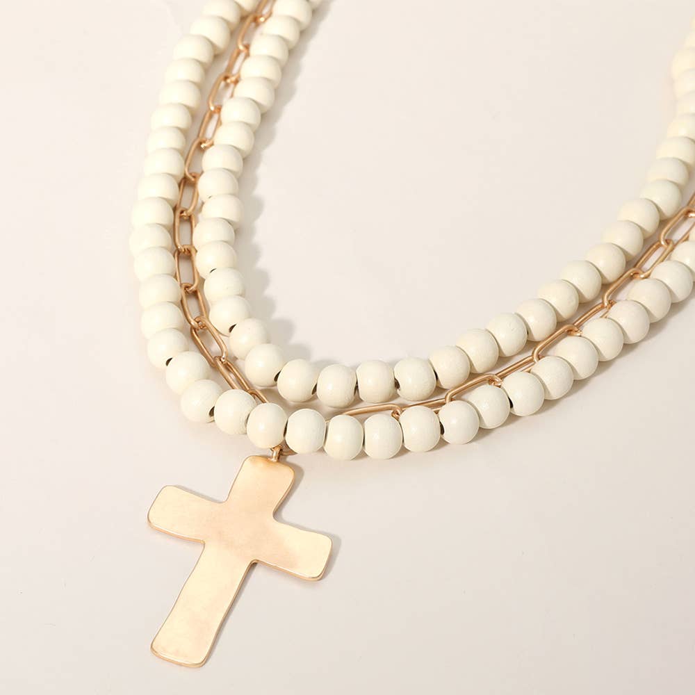 Sensibling Corp. - Hammered Metal Cross Pendant Wood Chain Layered Necklace