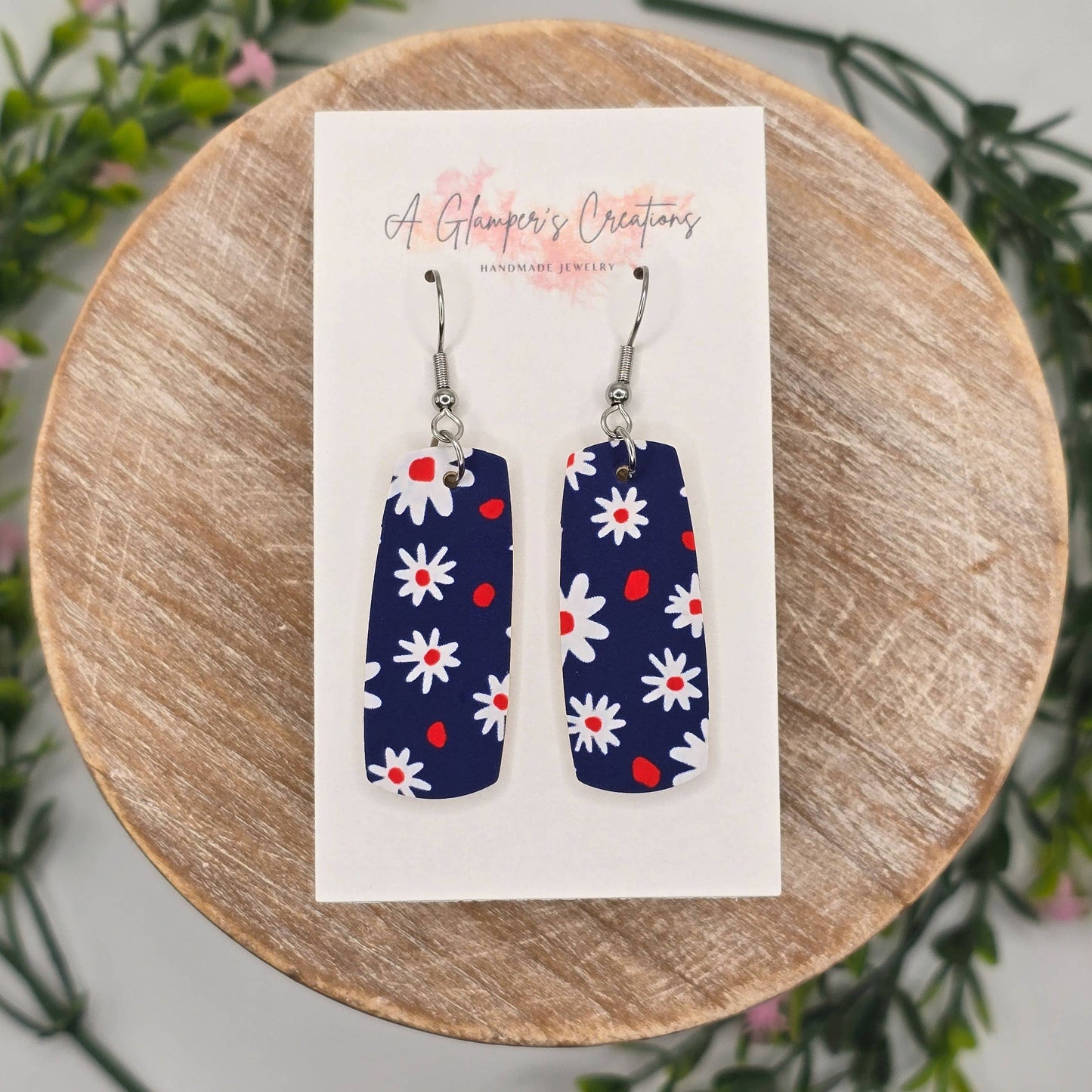 A Glamper's Creations LLC - White Daisies on Navy Patriotic Mini Bar Leather Earrings