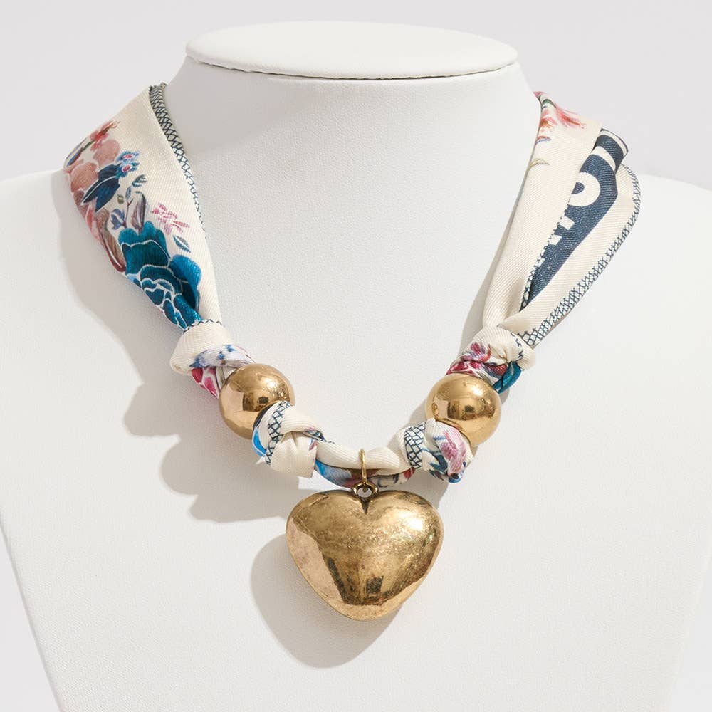 Sensibling Corp. - Gold Dipped Puffy Heart Charm Fabric Scarf Necklace / Adjustable Bracelet / Bag Charm