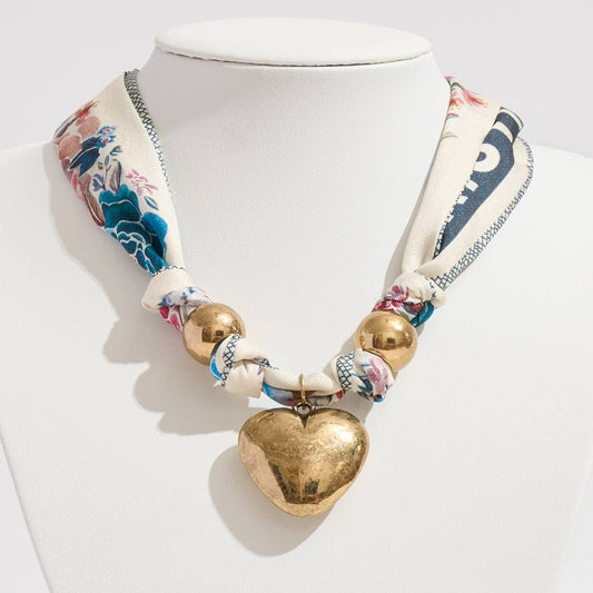 Sensibling Corp. - Gold Dipped Puffy Heart Charm Fabric Scarf Necklace / Adjustable Bracelet / Bag Charm