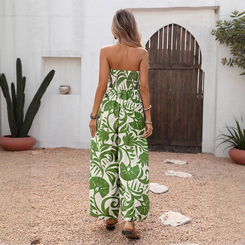 Lovesoft - Women Strapless Tropical Print Wide Leg Jumpsuit Summer