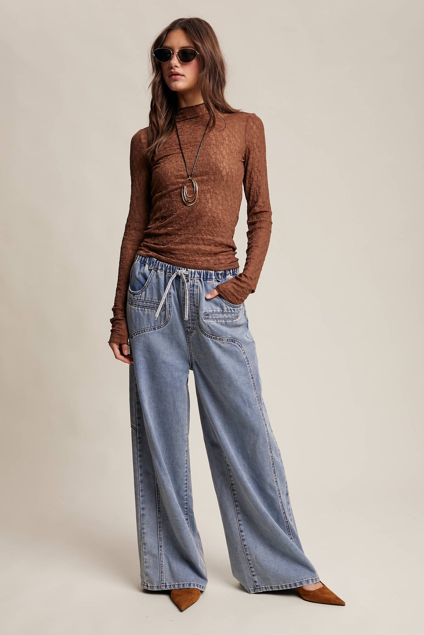 Listicle - Wide Leg Denim Drawstring Pants