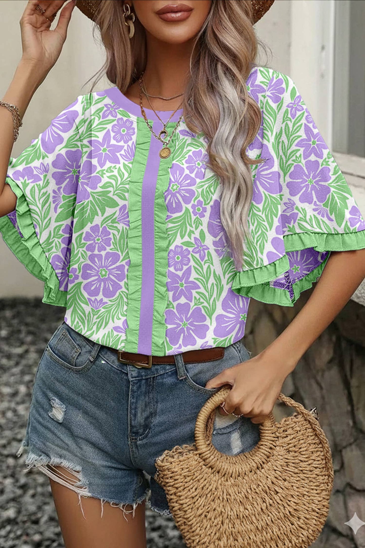 Little Daisy Closet - LDC Floral Printed Lace Decorative Top|S-4X