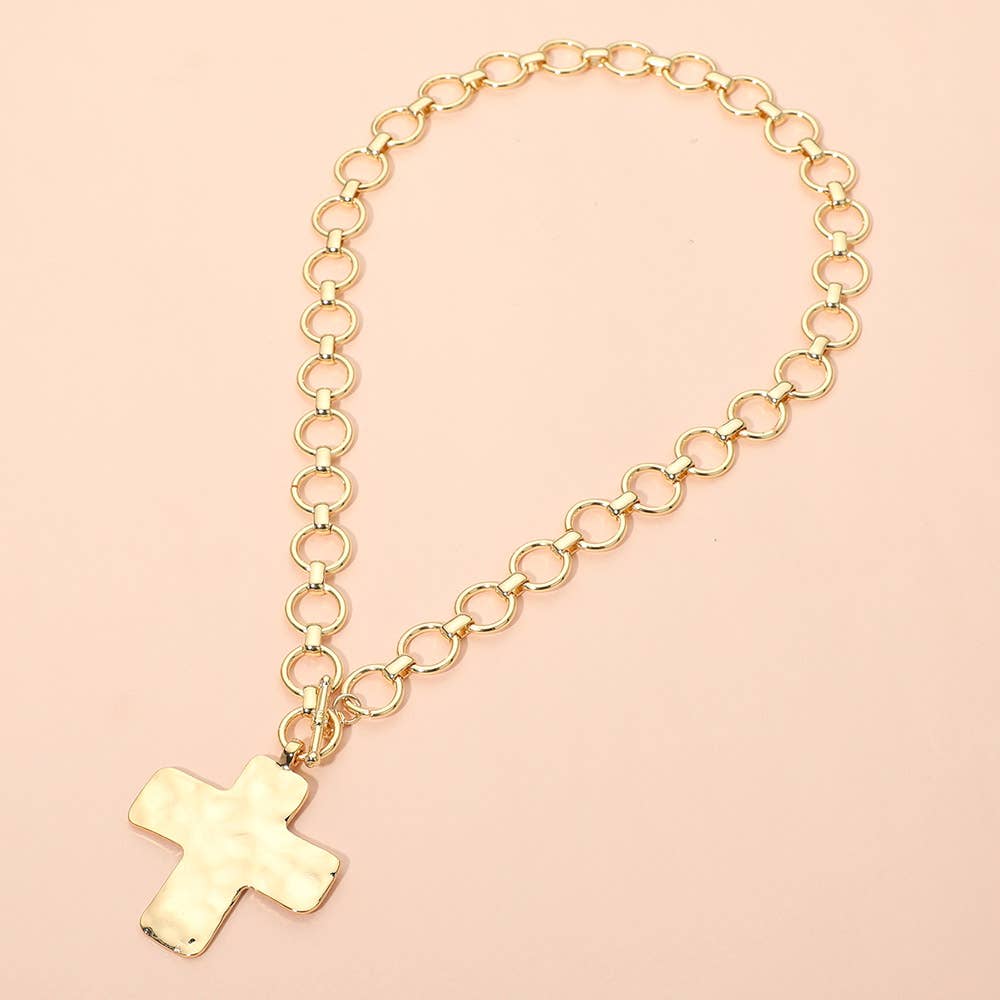 Sensibling Corp. - Hammered Matte Metal Cross Pendant Chunky Chain Toggle Necklace
