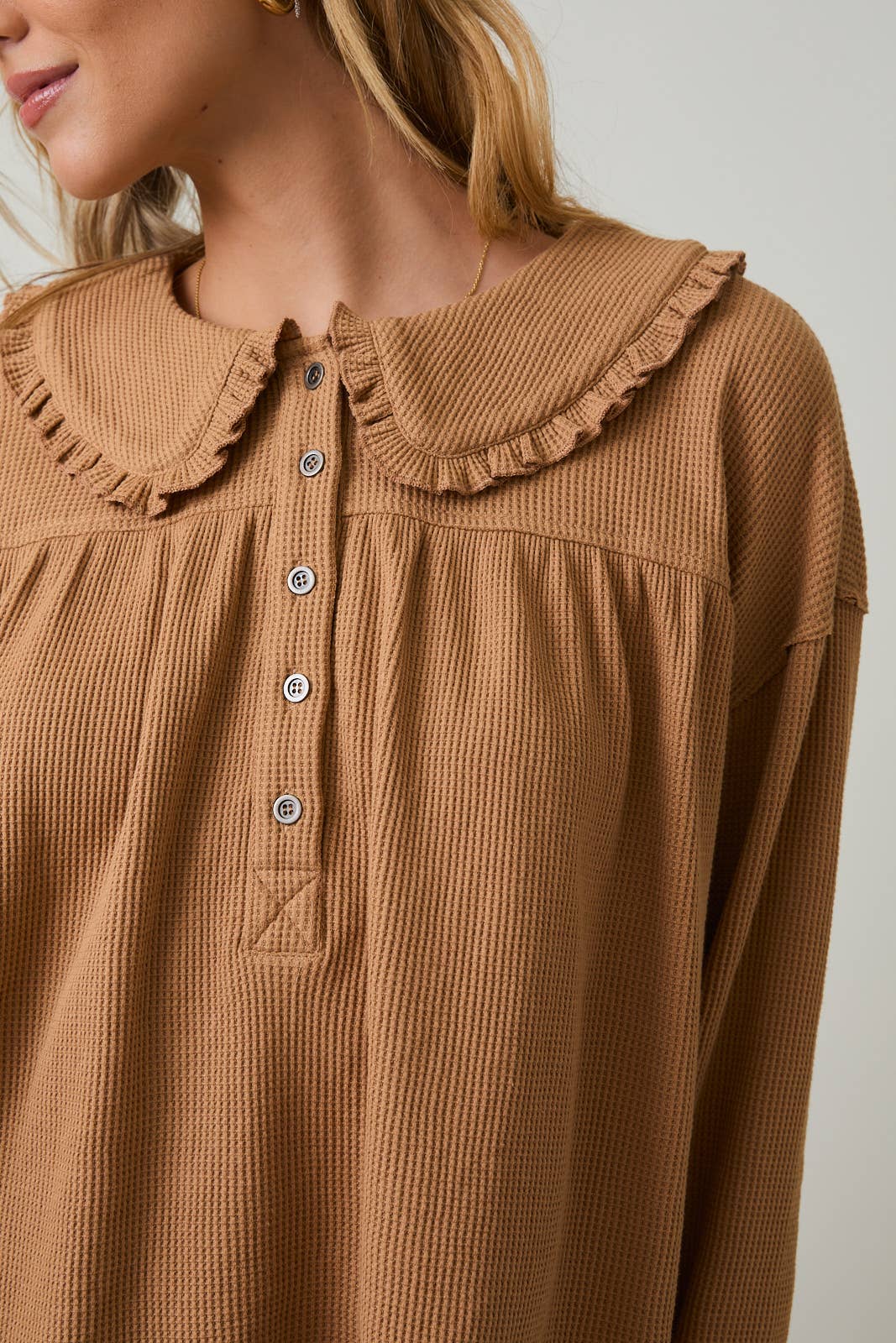 Sunday Edition by LE LIS - PETER PAN COLLARED THERMAL LONG SLEEVE BUTTON UP TOP