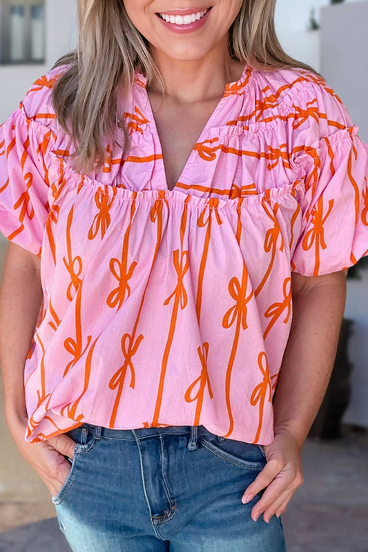 Aapparella - Bowknot Print Shirred V Neck Summer Blouse | Plus Size 1X-4X