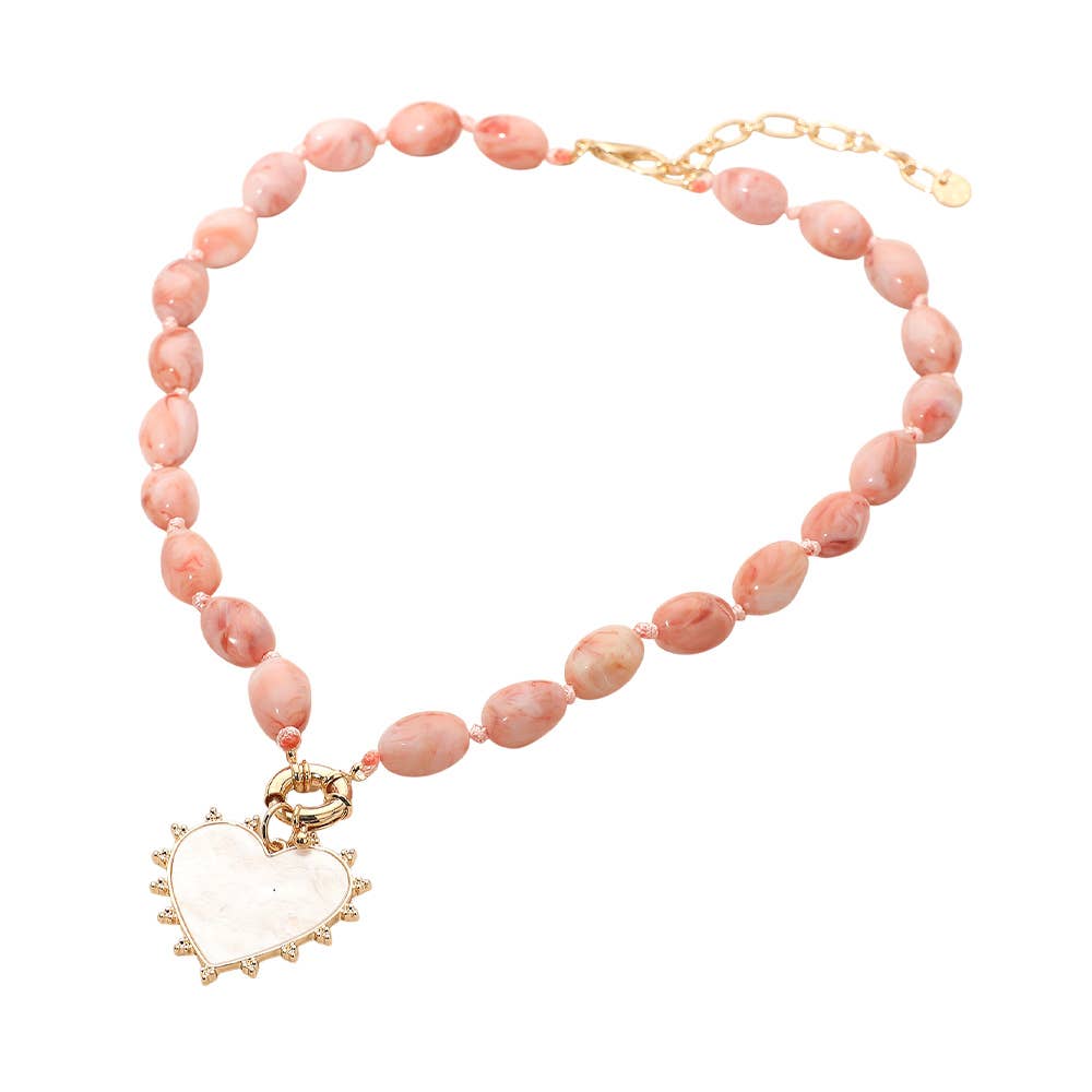 Sensibling Corp. - Mother of Pearl Heart Pendant Marbled Resin Oval Beaded Necklace