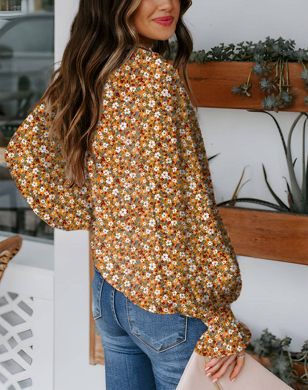 Lovesoft - Orange Boho Floral Ruffled Bubble Sleeve V Neck Fall Blouse