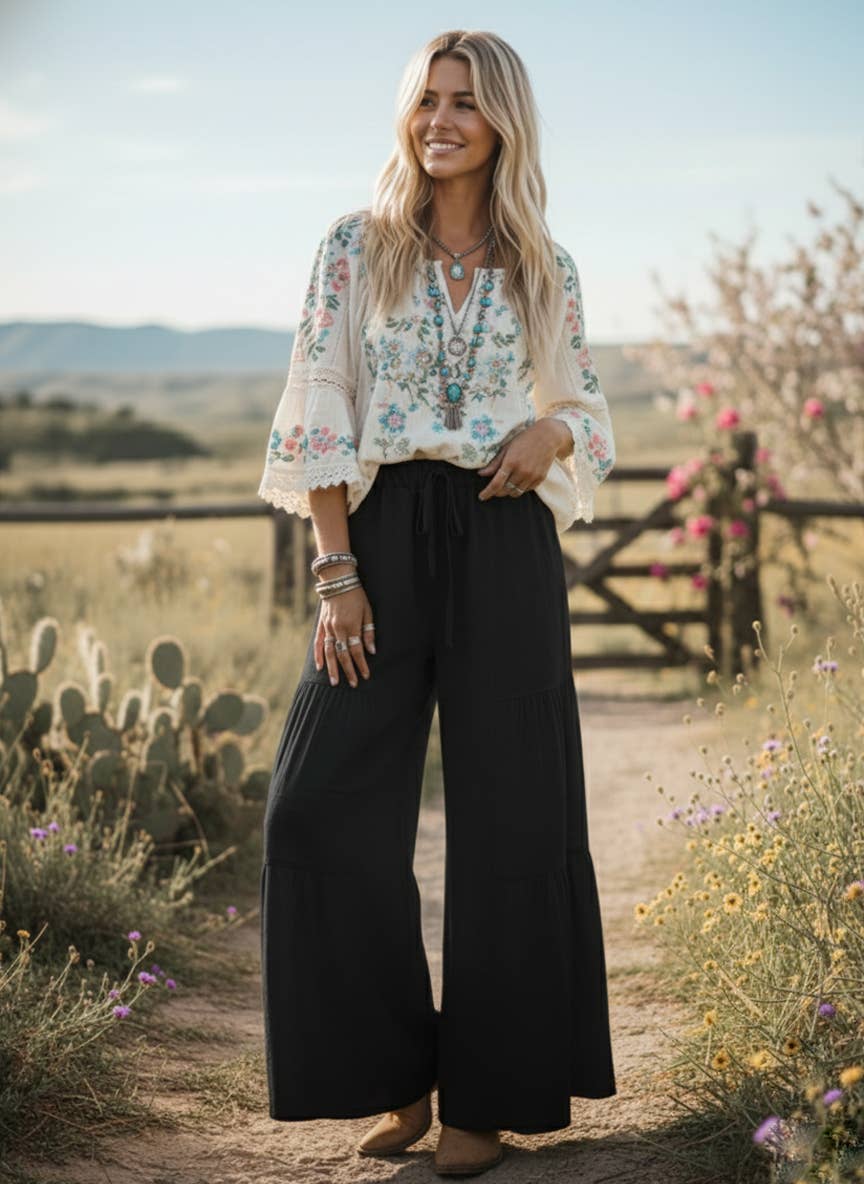 Sewn and Seen - Linen Blend Tiered Wide Leg Palazzo Pants