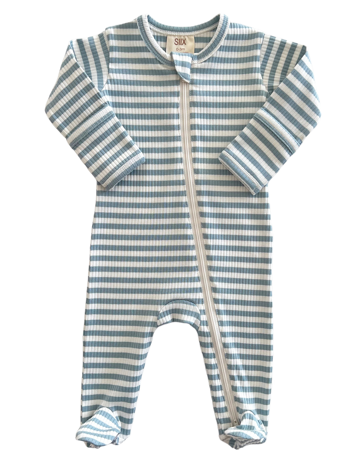 SIIX Collection - Dusty Blue Stripe / Organic Ribbed Zip Footie (Baby - Kids)