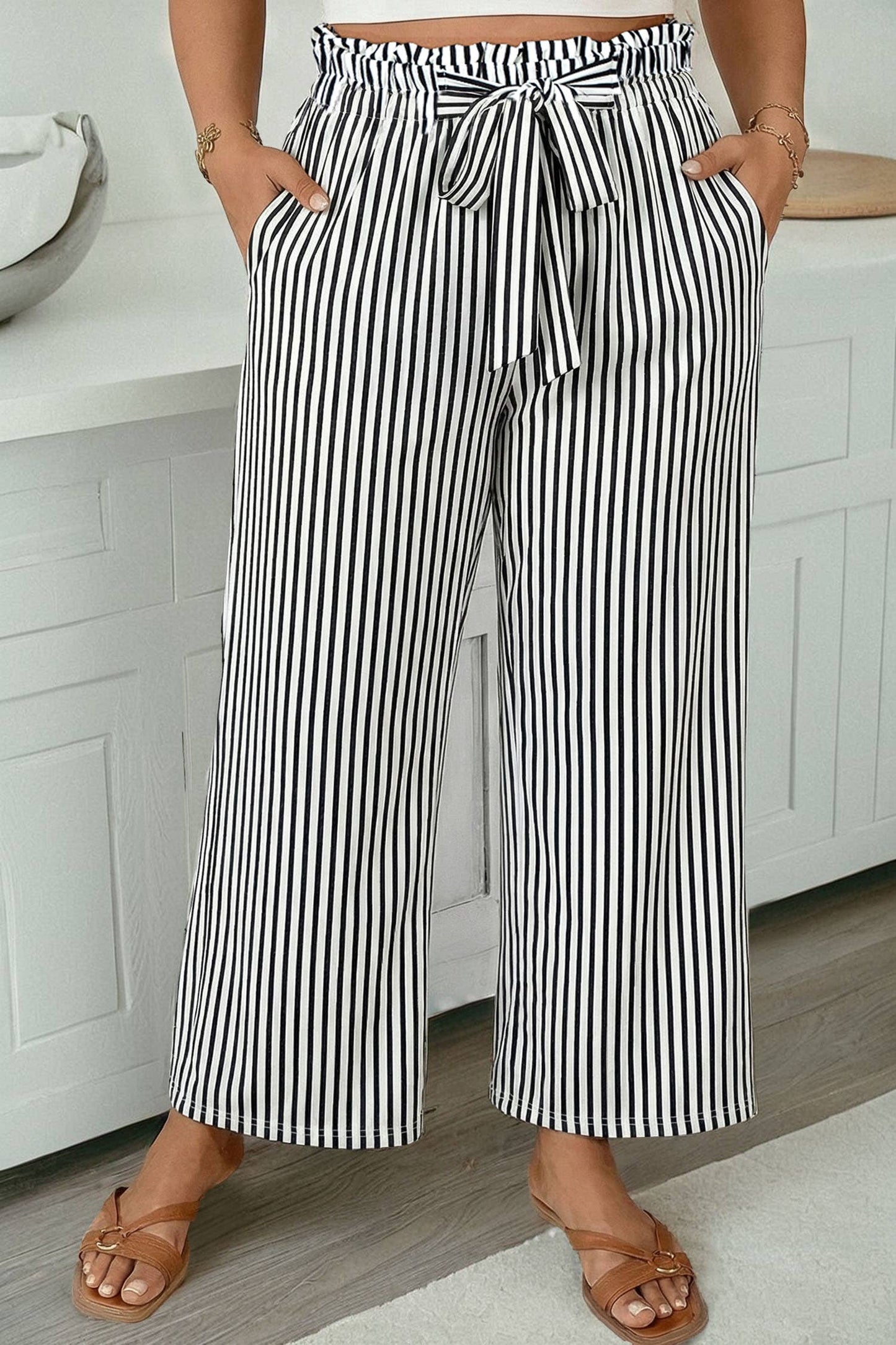 1 the Woman - Elastic Waist Pants Striped Wide Leg Trousers w/ Side Pocket