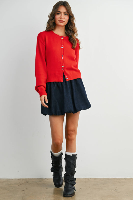 BUTTERMELON - Long Sleeve Buttoned Cropped Cardigan Sweater - BMC7906